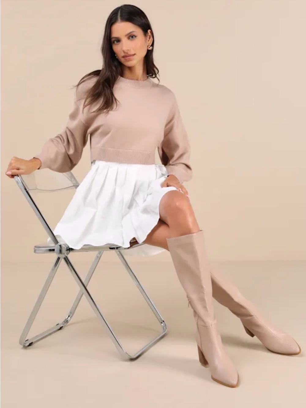 Contemporary Comfort Beige Layered Pleated Sweater Mini Dress